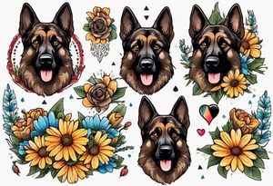 Dark Brown German shepherd portrait surrounded by  daisies brightly colored tattoo idea