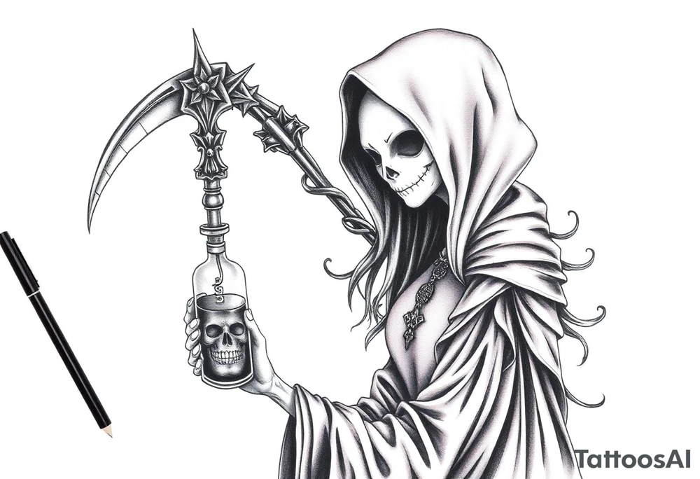 Female grim. Reaper and her
 death bringer poison bottle tattoo idea
