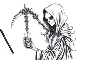 Female grim. Reaper and her
 death bringer poison bottle tattoo idea