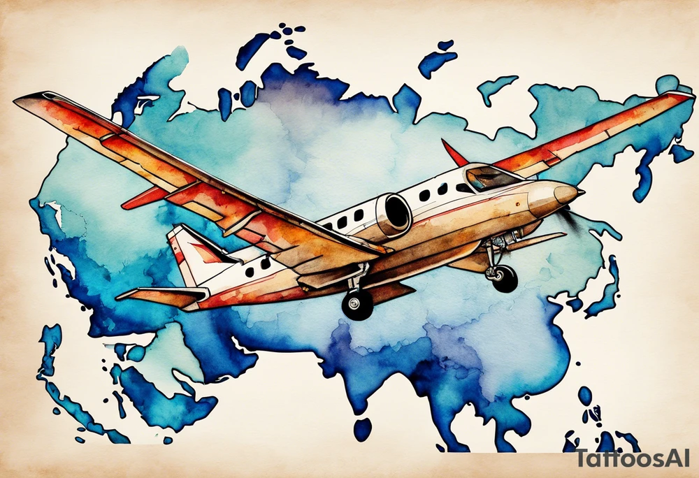 Map US to europe with one tiny jet plane showing intercontinental flight path. Watercolor with spilled watercolor look abstract, antiqued tattoo idea