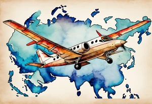 Map US to europe with one tiny jet plane showing intercontinental flight path. Watercolor with spilled watercolor look abstract, antiqued tattoo idea