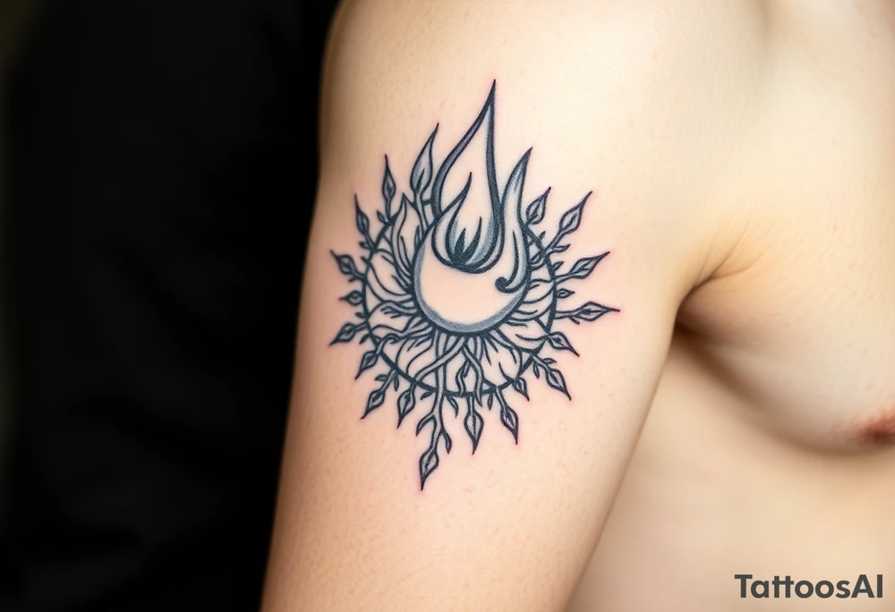 flame in a blooming roots circle tattoo idea