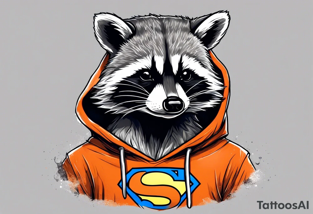 Raccoon wearing an orange Superman hoodie tattoo idea