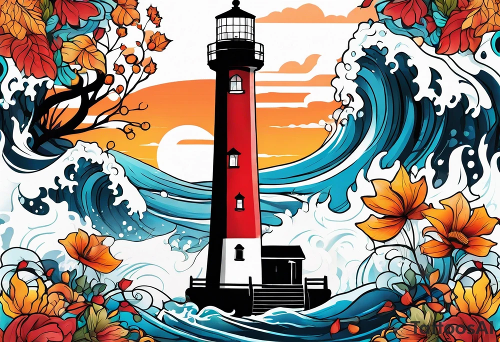 Arm sleeve with fall colors, various flowers, water flow, water splash, light house tattoo idea