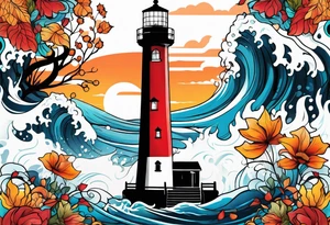 Arm sleeve with fall colors, various flowers, water flow, water splash, light house tattoo idea