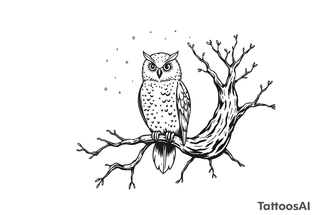 wise owl perched on ancient oak branch under starlit sky tattoo idea