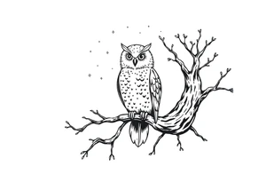 wise owl perched on ancient oak branch under starlit sky tattoo idea