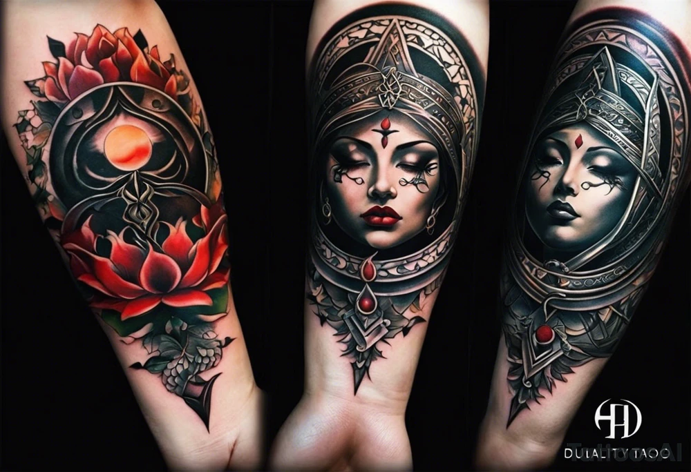 Duality tattoos represent the concept of opposing forces or aspects existing within oneself or in the world. They symbolize the interconnectedness of light and darkness, good and evil, or masculine and feminine energies. Duality tattoos can also signify balance and harmony, as finding equilibrium between contrasting elements is essential for personal growth. Additionally, they may illustrate the idea of choice and the constant decision-making process in life. Suitable placements for duality tattoos include the forearm, representing the constant interaction between opposing forces, or the back, emphasizing the idea of balance between different aspects of one's personality or beliefs. Below you will find a collection of duality tattoo design ideas for you to browse and get inspired by. tattoo idea