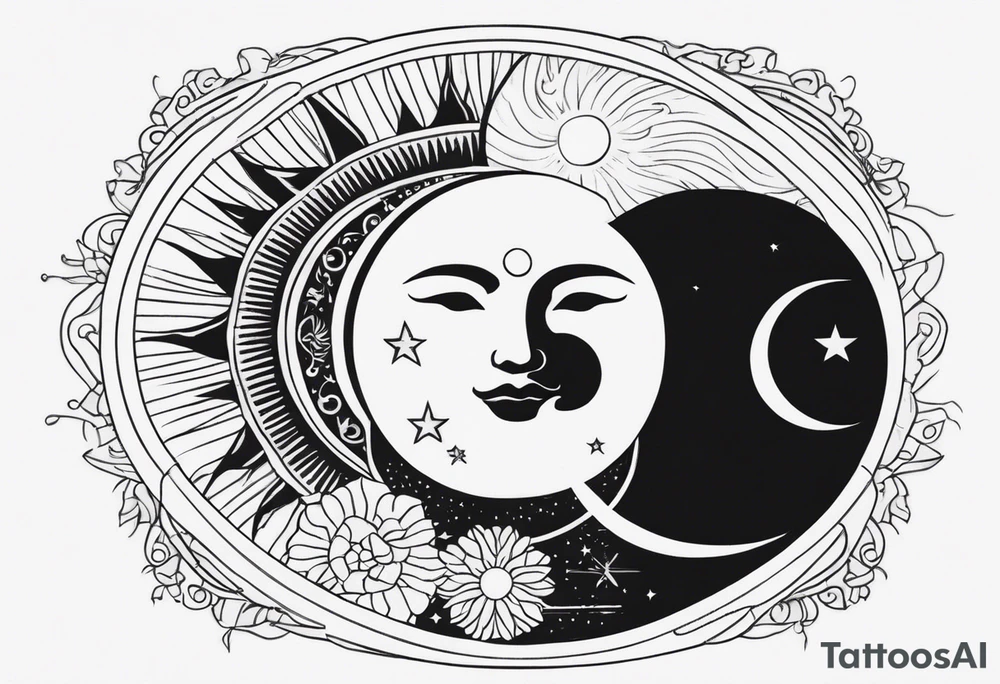 Sun and crescent moon with vintage line along with yin yang tattoo idea