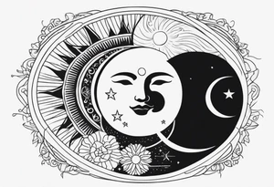 Sun and crescent moon with vintage line along with yin yang tattoo idea