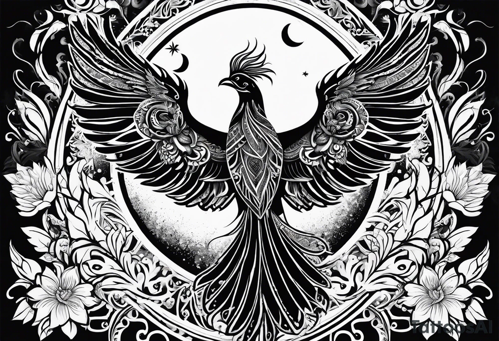 Tribal bohemian feminine impowering Phoenix rising with smoke, fire, mandala sun, floral, lace background, solar eclipse tattoo idea