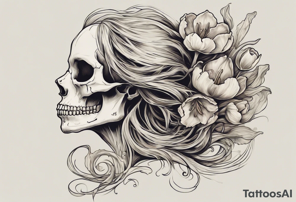 A profile view of a joyful female skull adorned with flowing, long hair, surrounded by symbolism representing the cycle of life and decay. Include a contrast between a fully decayed tulip, a pristine and vibrant tulip in full bloom, and a delicate tulip bud, all harmonizing with the eerie yet beautiful ambiance of the scene. tattoo idea