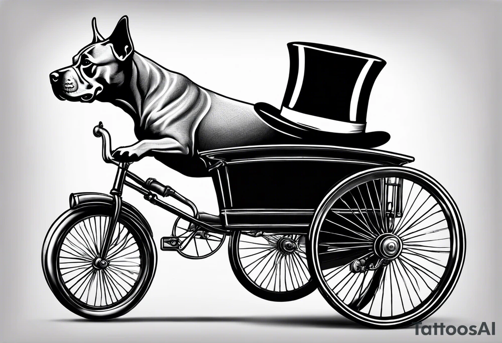 Pittbull wearing a tophat riding a tricycle tattoo idea