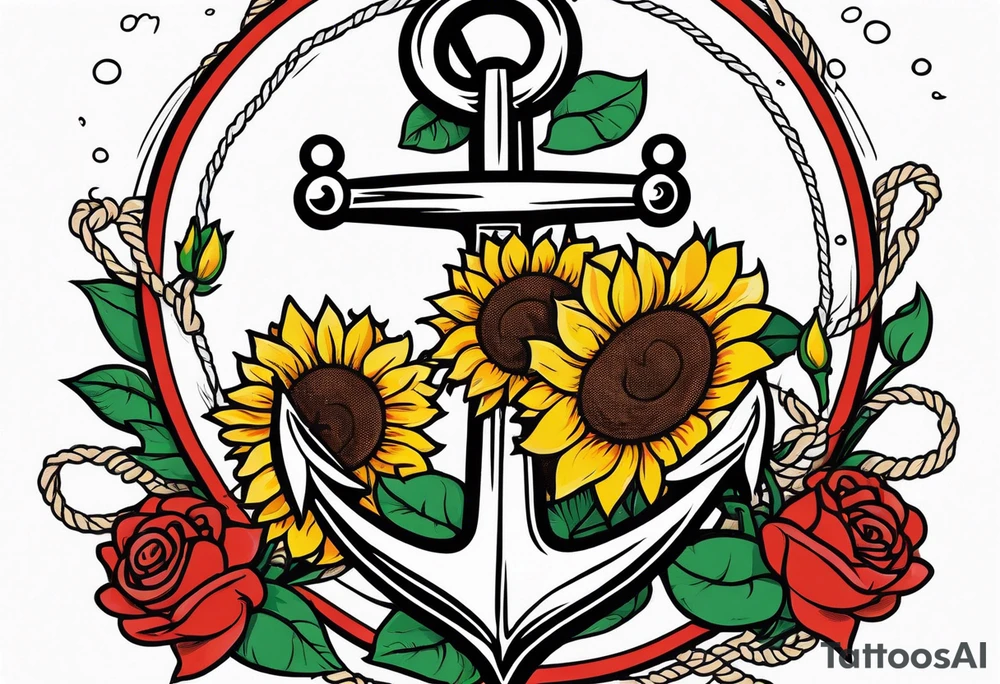 Anchor, wrapped in rope, with sunflowers and red roses 
throughout, thigh tattoo tattoo idea