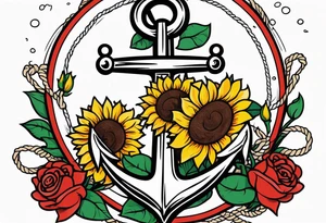 Anchor, wrapped in rope, with sunflowers and red roses 
throughout, thigh tattoo tattoo idea