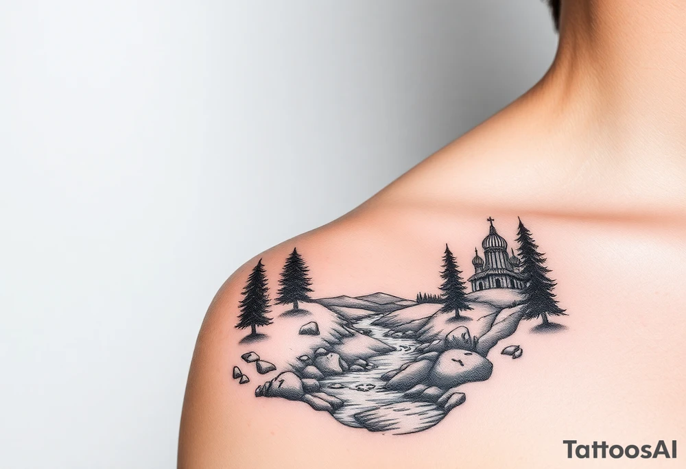Mountainous valley with creek and a few trees with a Russian orthodox kazan scene covering my shoulder entering my upper arm tattoo idea