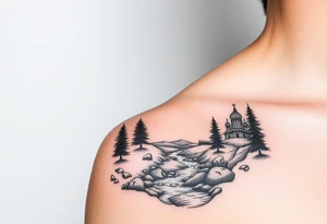 Mountainous valley with creek and a few trees with a Russian orthodox kazan scene covering my shoulder entering my upper arm tattoo idea