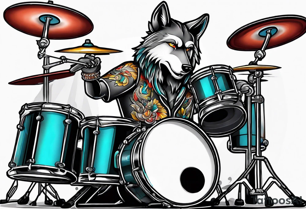 Wolf playing drum set tattoo idea