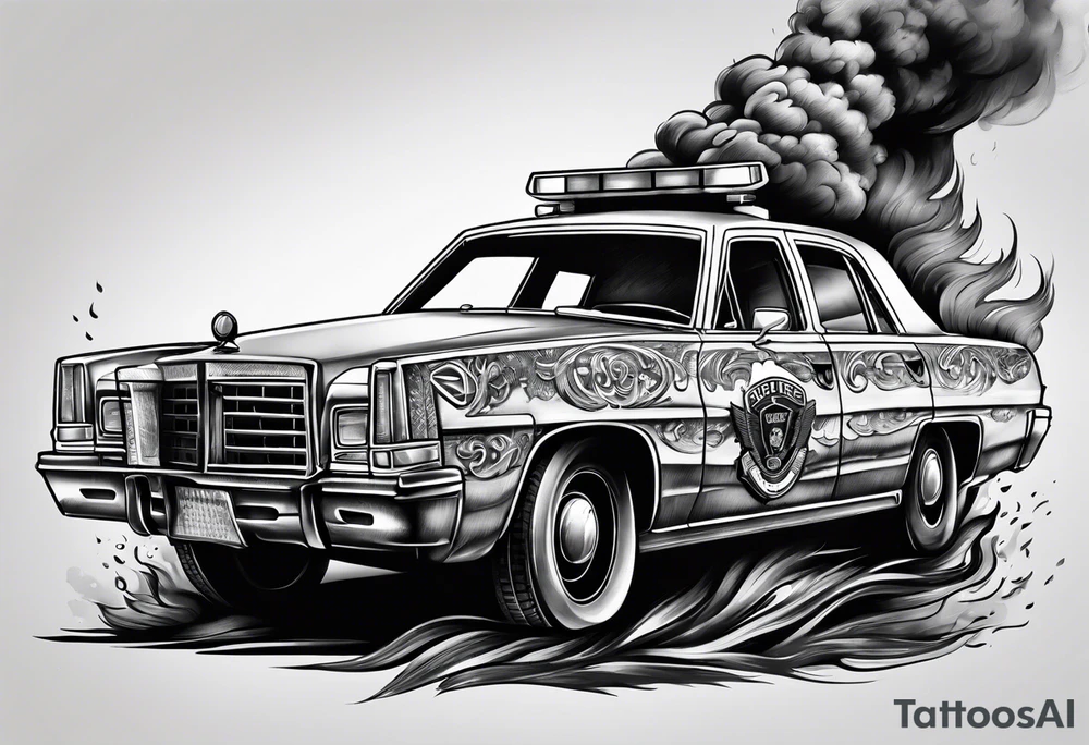 destroyed police car on fire tattoo idea