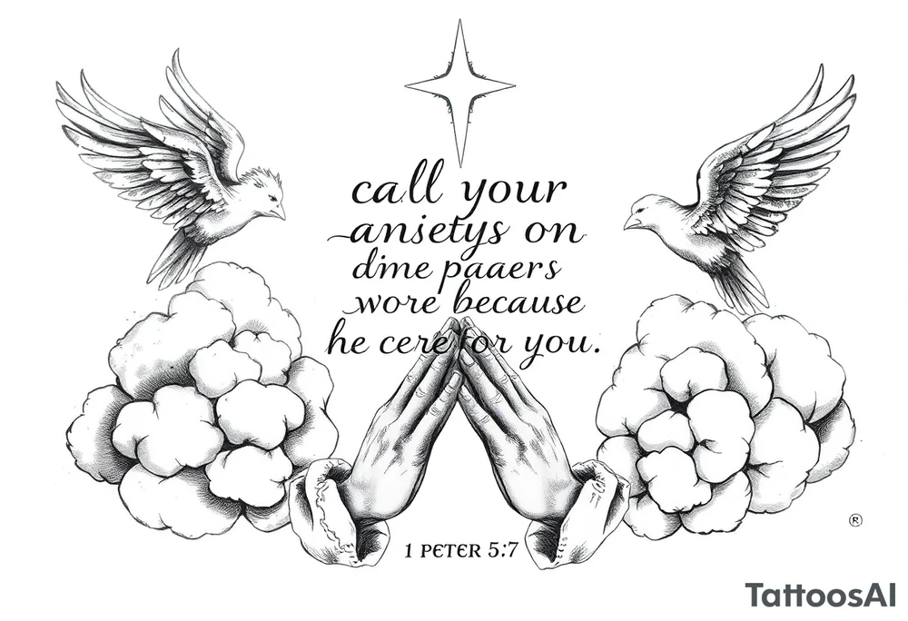 cast all your anxiety on him because he cares for you"  1 peter 5:7 surrounded with clouds and angels and praying hands tattoo idea