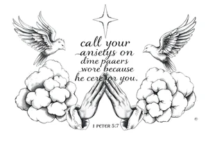 cast all your anxiety on him because he cares for you"  1 peter 5:7 surrounded with clouds and angels and praying hands tattoo idea