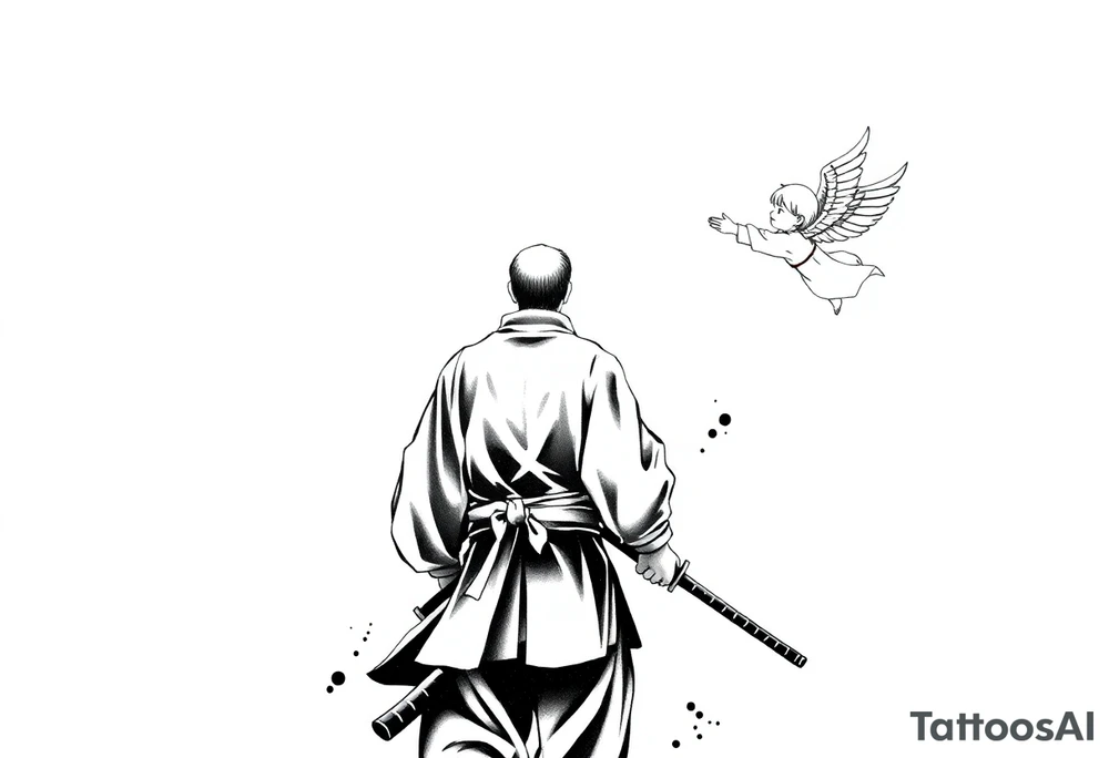Blackwork tattoo illustration of a samurai walking forward, seen from behind. The samurai wears a traditional kimono and hakama, holding two long katanas in a relaxed but ready pose. To his right, a small child angel with detailed feathered wings floats in the air, gently reaching toward him with an outstretched hand. Strong contrast, dynamic ink splatters, sumi-e brush stroke effects, minimalist white background, dramatic lighting, emotional and symbolic composition, high-detail linework tattoo idea