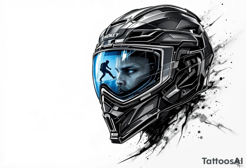 Sleek black hokey player helmet with a glossy visor reflecting a skating opponent in shades of gray and blue. tattoo idea
