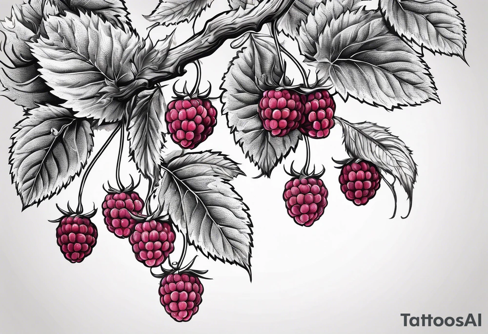 a single long raspberry branch with lots of leaves that is hanging upside down tattoo idea