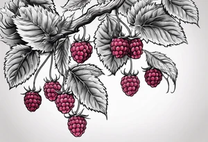 a single long raspberry branch with lots of leaves that is hanging upside down tattoo idea
