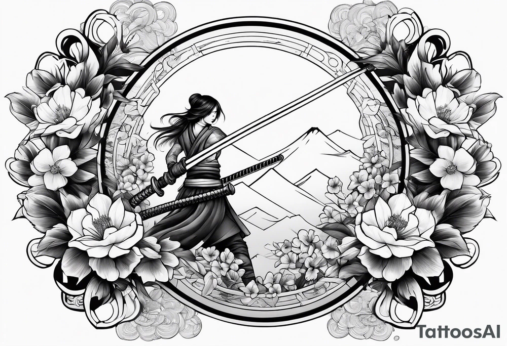 Katana with blossom surrounding it tattoo idea