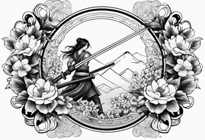 Katana with blossom surrounding it tattoo idea