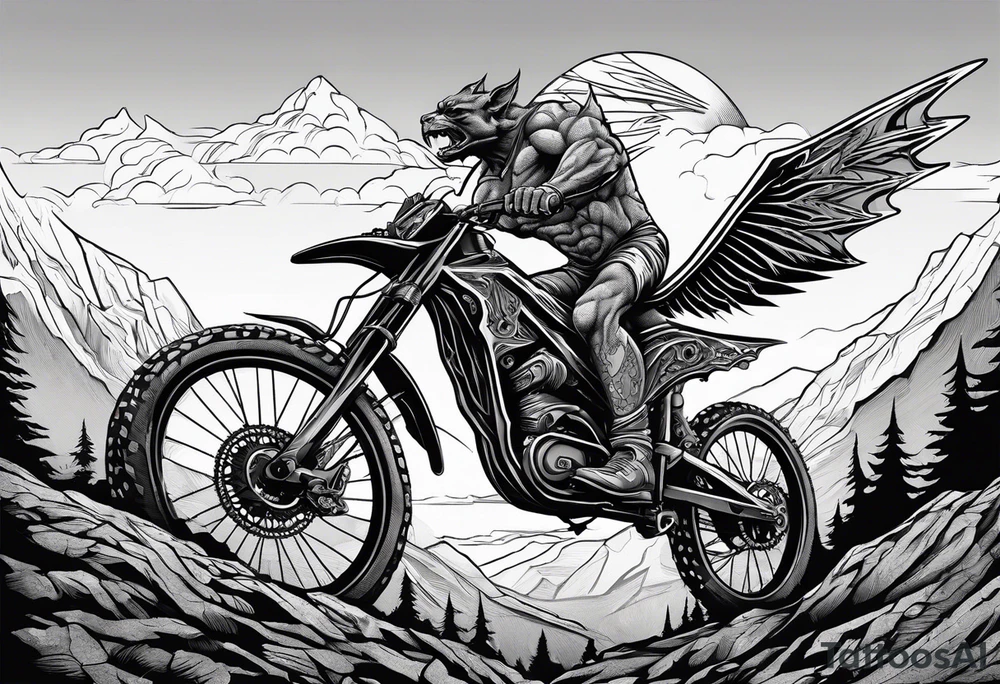 gargoyle riding a full suspension mountain bike with a shadow no background with wings tattoo idea
