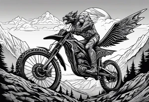 gargoyle riding a full suspension mountain bike with a shadow no background with wings tattoo idea