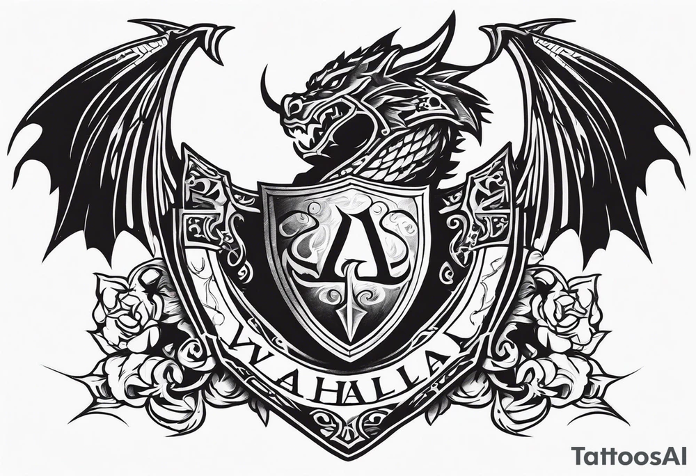 Valhalla sword shield dragon axe tattoo idea