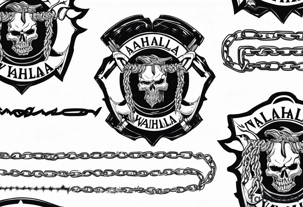 Valhalla sword round
shield axe barbed wire chains dark cloud lightning tattoo idea
