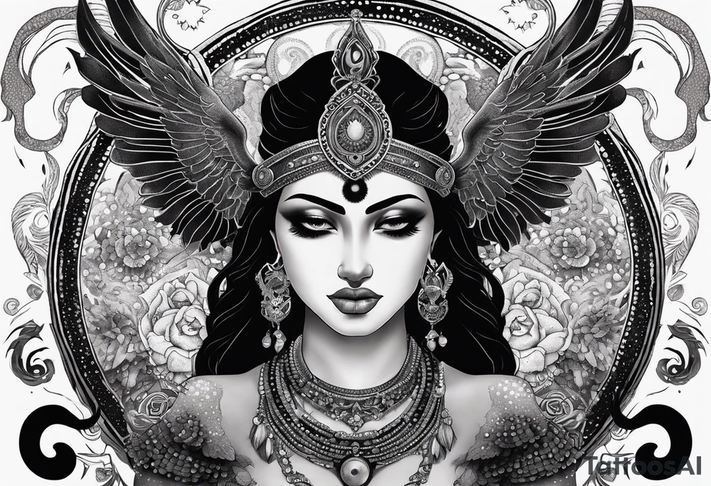 black kali, goddess pirate, alien, angel, pachamama, valkrye, warrior, flying, skull, lotus azul, wing, eagle, zenza resonance, stars, 5D, anahata chakra, death, durga, riding on a tiger, flying lady, kundalini, chest tatoo, samuri, rebel, serpent tattoo idea