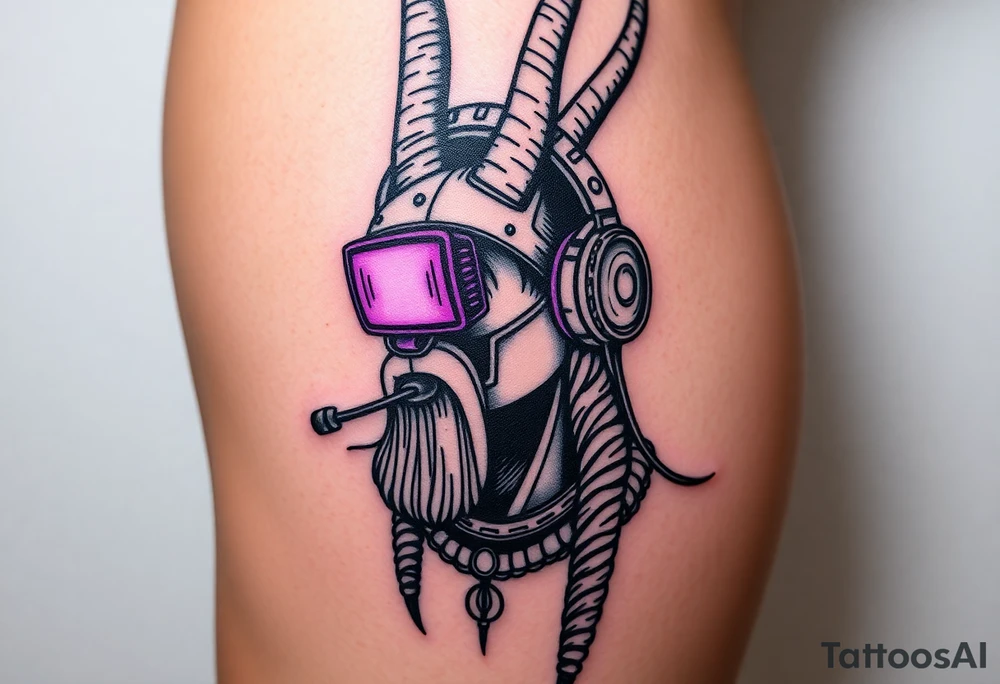 "Anubis with streamer headset, broadcasting to:  
- Left eye: Twitch chat ('F in chat for humanity')  
- Right eye: Дзен-просветление (ASCII-арт мандалы)  
Title: *'Unboxing your afterlife (4K 60fps)'*.  

Style: Digital trash art. Purple/black. Thigh." tattoo idea