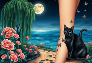 Night time. Ocean.  weeping willow garden with roses and liles flower beds. fantasy creatures, fairies, mermiads, dragons butterflies,  cat paw prints path in dirt. Black cat and orange cat tattoo idea