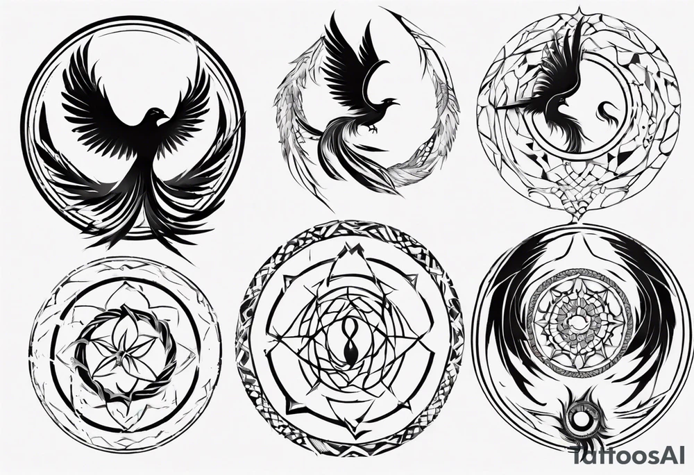 Vertical open mouthed flying Phoenix in circle with abstract dream catcher tail tattoo idea