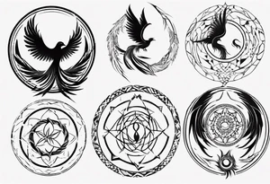 Vertical open mouthed flying Phoenix in circle with abstract dream catcher tail tattoo idea