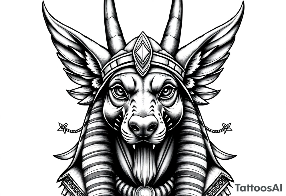 Egyptian Anubis god face muscle in Egypt style  with mantle on head

dog face surrounded Egyptian symbols based on elements tattoo idea