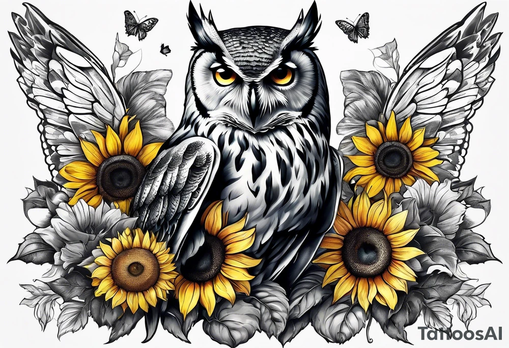 Owl surrounded with sunflowers and one butterfly tattoo idea