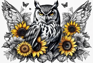 Owl surrounded with sunflowers and one butterfly tattoo idea