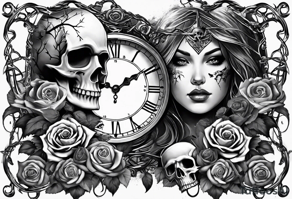 tattoo fool sleeve, tree roots break out of the chains, broken mask, clock with flying numbers, girl and skull, roses tattoo idea