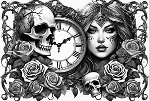 tattoo fool sleeve, tree roots break out of the chains, broken mask, clock with flying numbers, girl and skull, roses tattoo idea