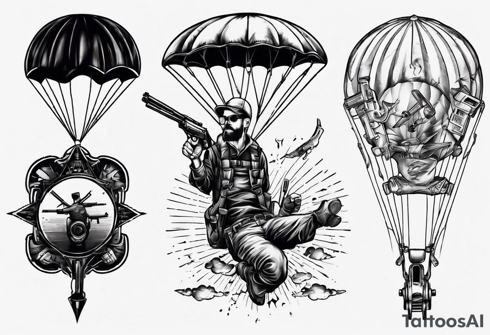 man parachute and shooting guns tattoo idea