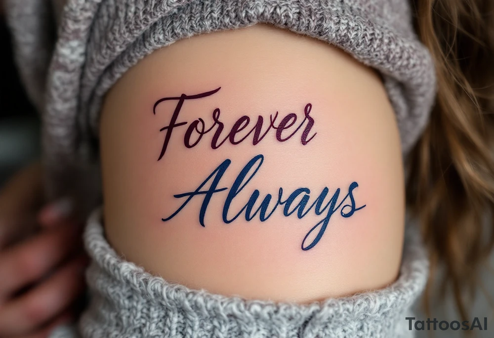 Elegant script “Forever” in burgundy for her and “Always” in navy for him inked over the heart show eternal devotion. tattoo idea