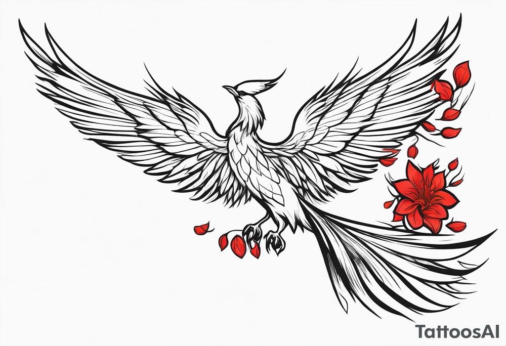 elongated phoenix in flight
in profile long tail with claws holding red flowers falling tattoo idea