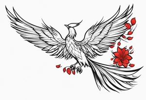 elongated phoenix in flight 
in profile long tail with claws holding red flowers falling tattoo idea