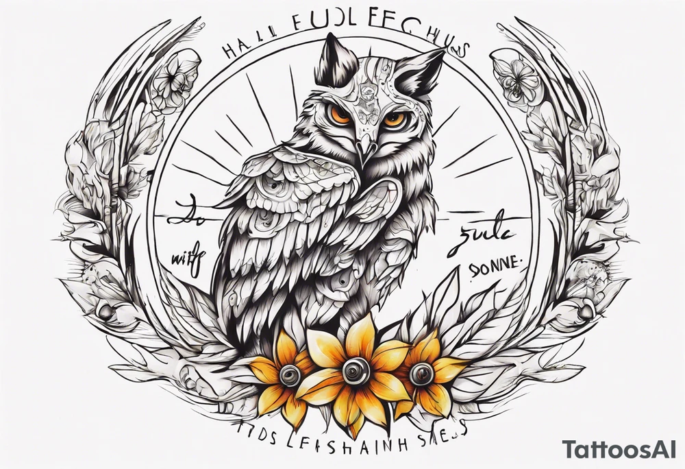 halb 
Fuchs halb Eule unter der Sonne mit dem Schriftzug Sapere Aude tattoo idea